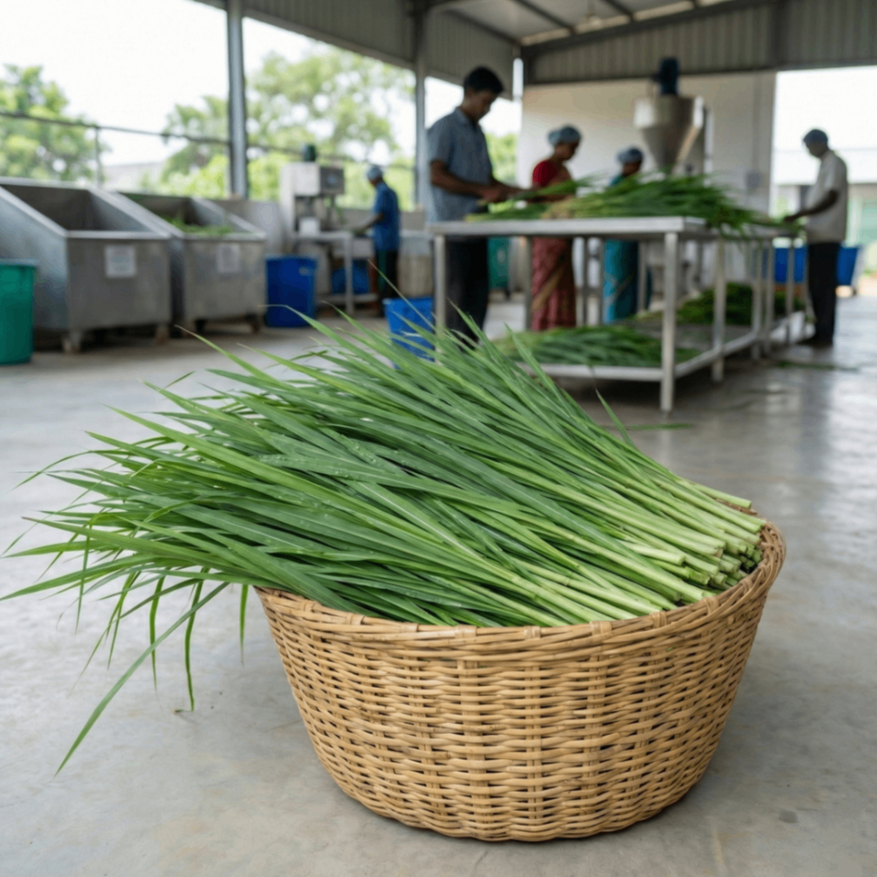 Fresh lemongrass biomass harvested and bundled