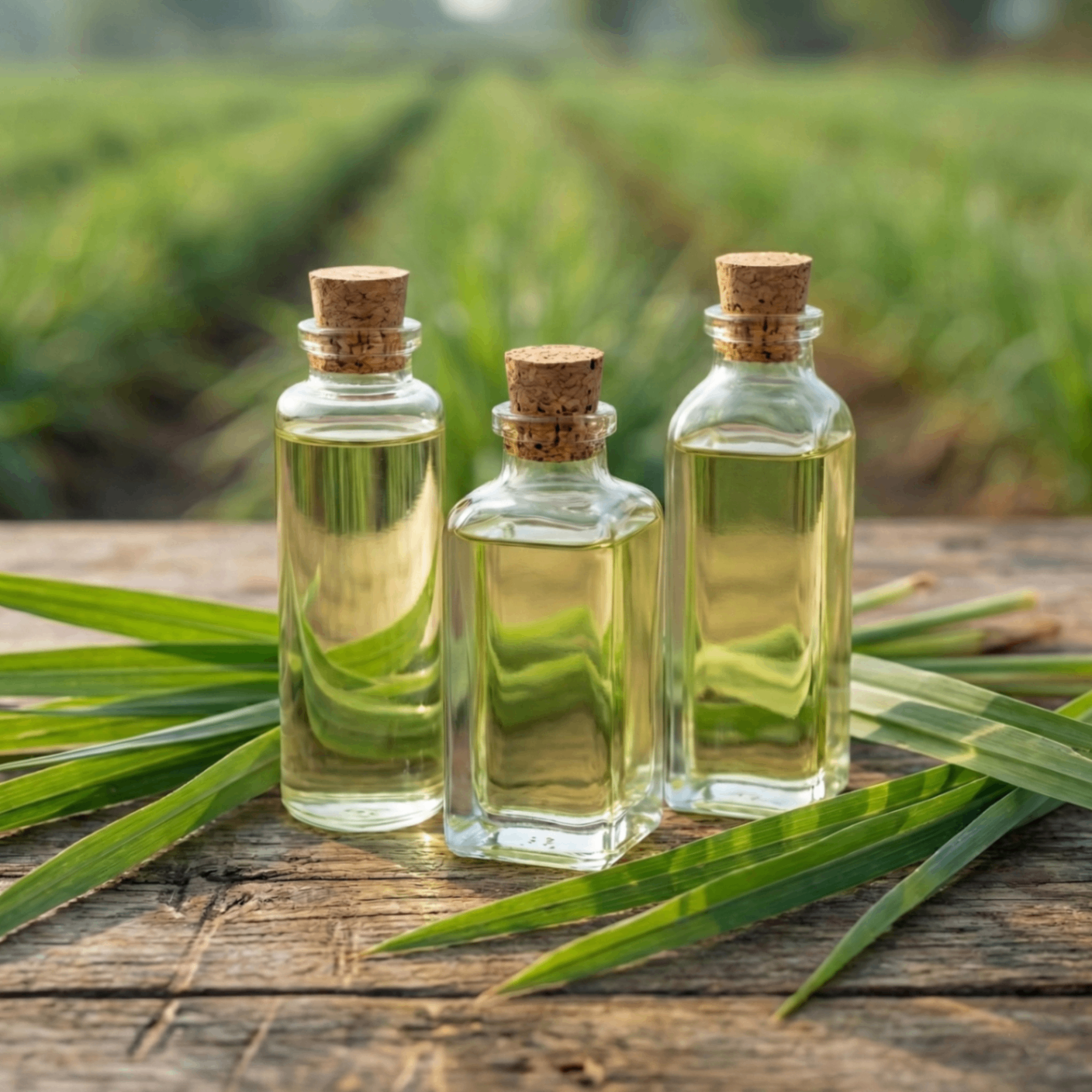 Lemongrass essential oil in glass bottles